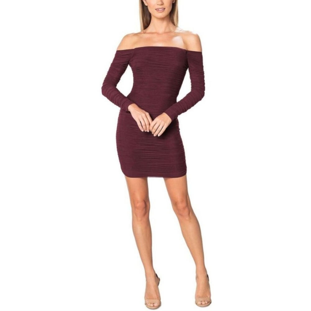 Dress The Population Elegant Off-Shoulder Burgundy Dress
